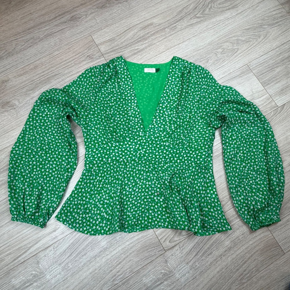 RIXO London Kikki Retro Micro Floral Green Peplum V Neck Long Sleeve Blouse Sz M